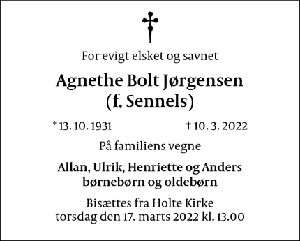 Dødsannoncen for Agnethe Bolt Jørgensen
(f. Sennels) - Virum