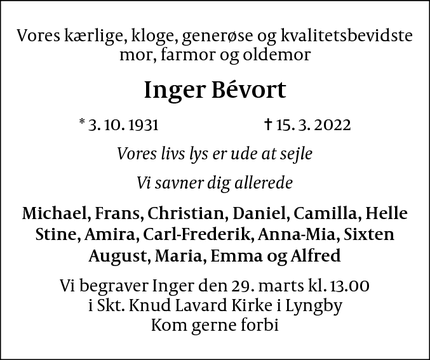 Dødsannoncen for Inger Bévort - København