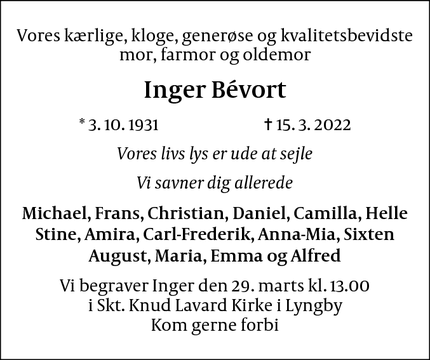 Dødsannoncen for Inger Bévort - København