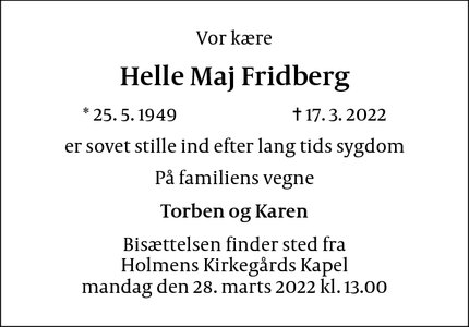 Dødsannoncen for Helle Maj Fridberg - Nivå