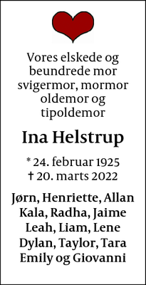 Dødsannoncen for Ina Helstrup - Ebeltoft