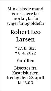 Dødsannoncen for Robert Leo
Larsen - København Ø