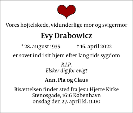 Dødsannoncen for Evy Drabowicz - København S