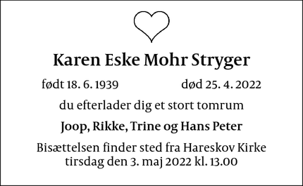 Dødsannoncen for Karen Eske Mohr Stryger - Valby
