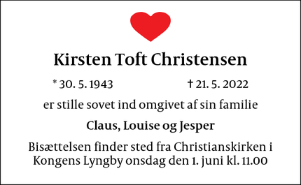 Dødsannoncen for Kirsten Toft Christensen - Kongens Lyngby