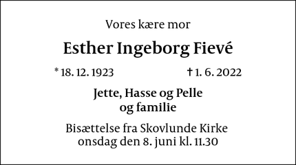 Dødsannoncen for Esther Ingeborg Fievé - Skovlunde