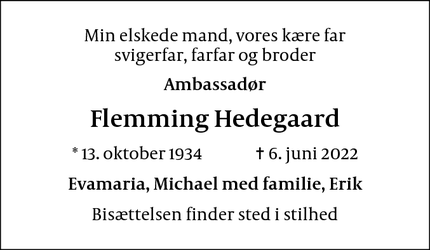Dødsannoncen for Flemming Hedegaard - Kongens Lyngby