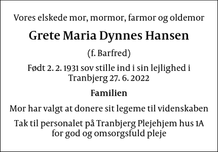Dødsannoncen for Grete Maria Dynnes Hansen - Aarhus
