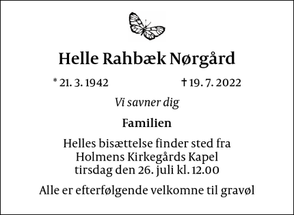 Dødsannoncen for Helle Rahbæk Nørgård - København