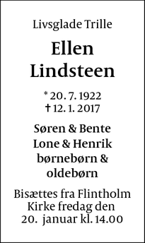 Dødsannoncen for Ellen Lindsteen - København