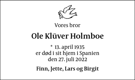 Dødsannoncen for Ole Klüver Holmboe - Torreveja, Spanien