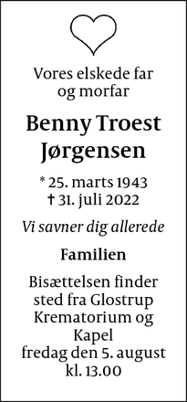 Dødsannoncen for Benny Troest
Jørgensen - København Ø