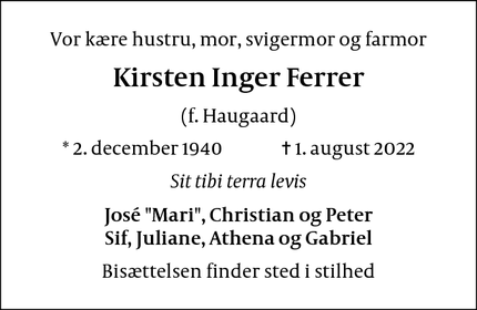 Dødsannoncen for Kirsten Inger Ferrer - Odense