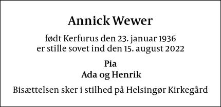 Dødsannoncen for Annick Wewer - Frederiksberg
