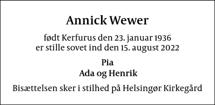 Dødsannoncen for Annick Wewer - Frederiksberg