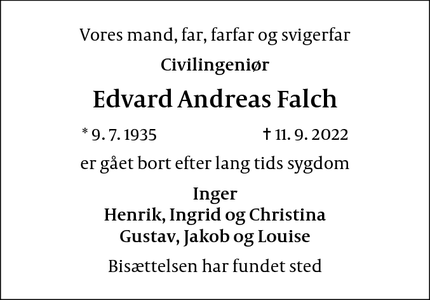 Dødsannoncen for Edvard Andreas Falch - Hørsholm