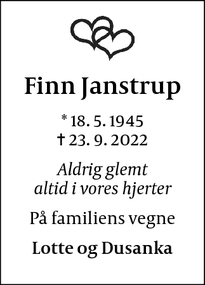 Dødsannoncen for Finn Janstrup - Lyngby