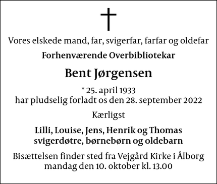 Dødsannoncen for Bent Jørgensen - Gentofte