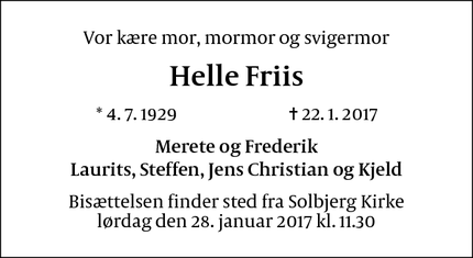 Dødsannoncen for Helle Friis  - Frederiksberg