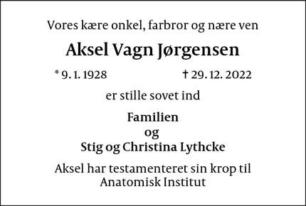 Dødsannoncen for Aksel Vagn Jørgensen - Birkerød