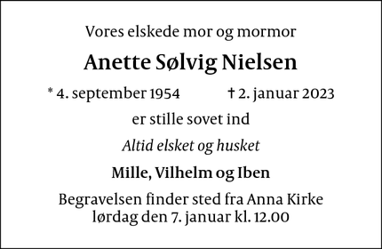 Dødsannoncen for Anette Sølvig Nielsen - Købehavn
