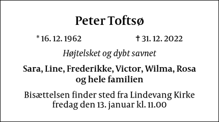 Dødsannoncen for Peter Toftsø - København V