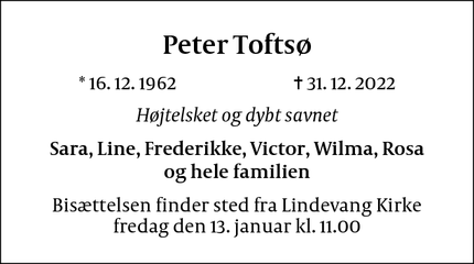 Dødsannoncen for Peter Toftsø - København V