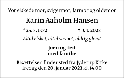 Dødsannoncen for Karin Aaholm Hansen - Jyderup