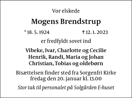 Dødsannoncen for Mogens Brendstrup - Virum