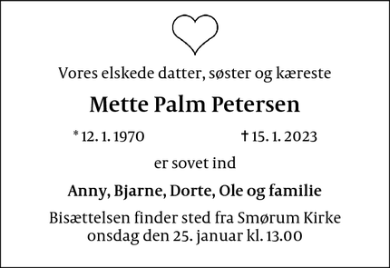 Dødsannoncen for Mette Palm Petersen - Solrød Strand