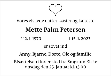 Dødsannoncen for Mette Palm Petersen - Solrød Strand