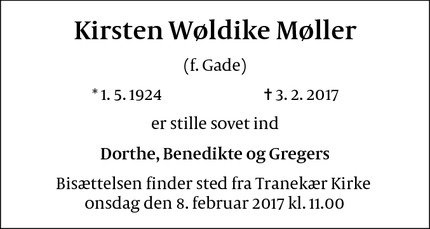 Dødsannoncen for Kirsten Wøldike Møller - Tullebølle