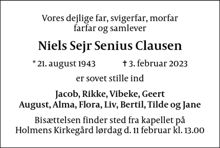 Dødsannoncen for Niels Sejr Senius Clausen - København