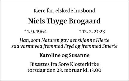 Dødsannoncen for Niels Thyge Brogaard - Tystrup, Fuglebjerg