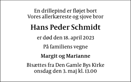 Dødsannoncen for Hans Peder Schmidt - 2100 København ø