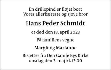 Dødsannoncen for Hans Peder Schmidt - 2100 København ø