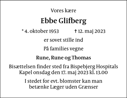 Dødsannoncen for Ebbe Glifberg - Hvidovre