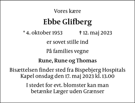 Dødsannoncen for Ebbe Glifberg - Hvidovre