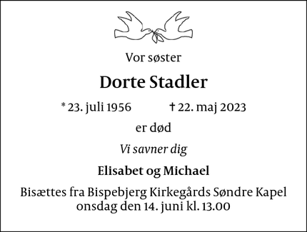 Dødsannoncen for Dorte Stadler - København S