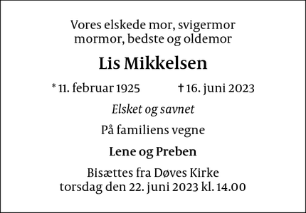Dødsannoncen for Lis Mikkelsen - København