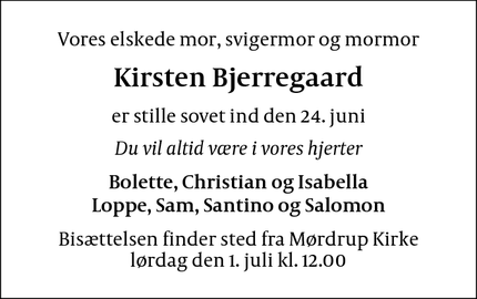 Dødsannoncen for Kirsten Bjerregaard - Espergærde