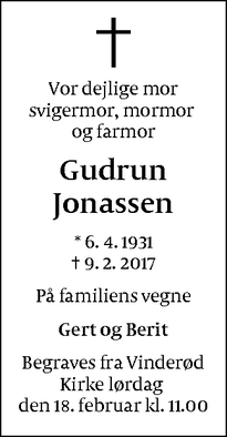 Dødsannoncen for Gudrun Jonassen - Frederiksværk