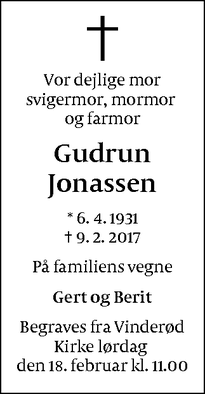 Dødsannoncen for Gudrun Jonassen - Frederiksværk
