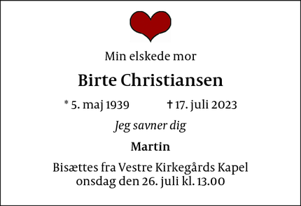 Dødsannoncen for Birte Christiansen - København 