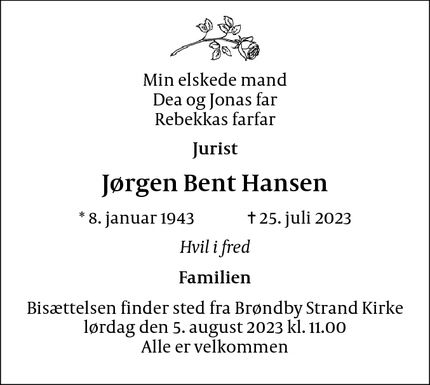 Dødsannoncen for Jørgen Bent Hansen - Brøndby Strand