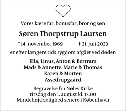 Dødsannoncen for Søren Thorpstrup Laursen - Odder