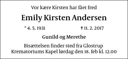 Dødsannoncen for Emily Kirsten Andersen - Brøndby Strand