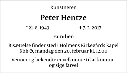 Dødsannoncen for Peter Hentze - København