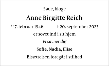 Dødsannoncen for Anne Birgitte Reich - Odense