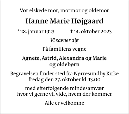 Dødsannoncen for Hanne Marie Højgaard - Aalborg
